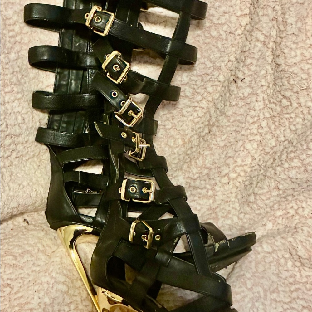 Steve Madden Black Heeled Gladiator Boots with Gold Buckles